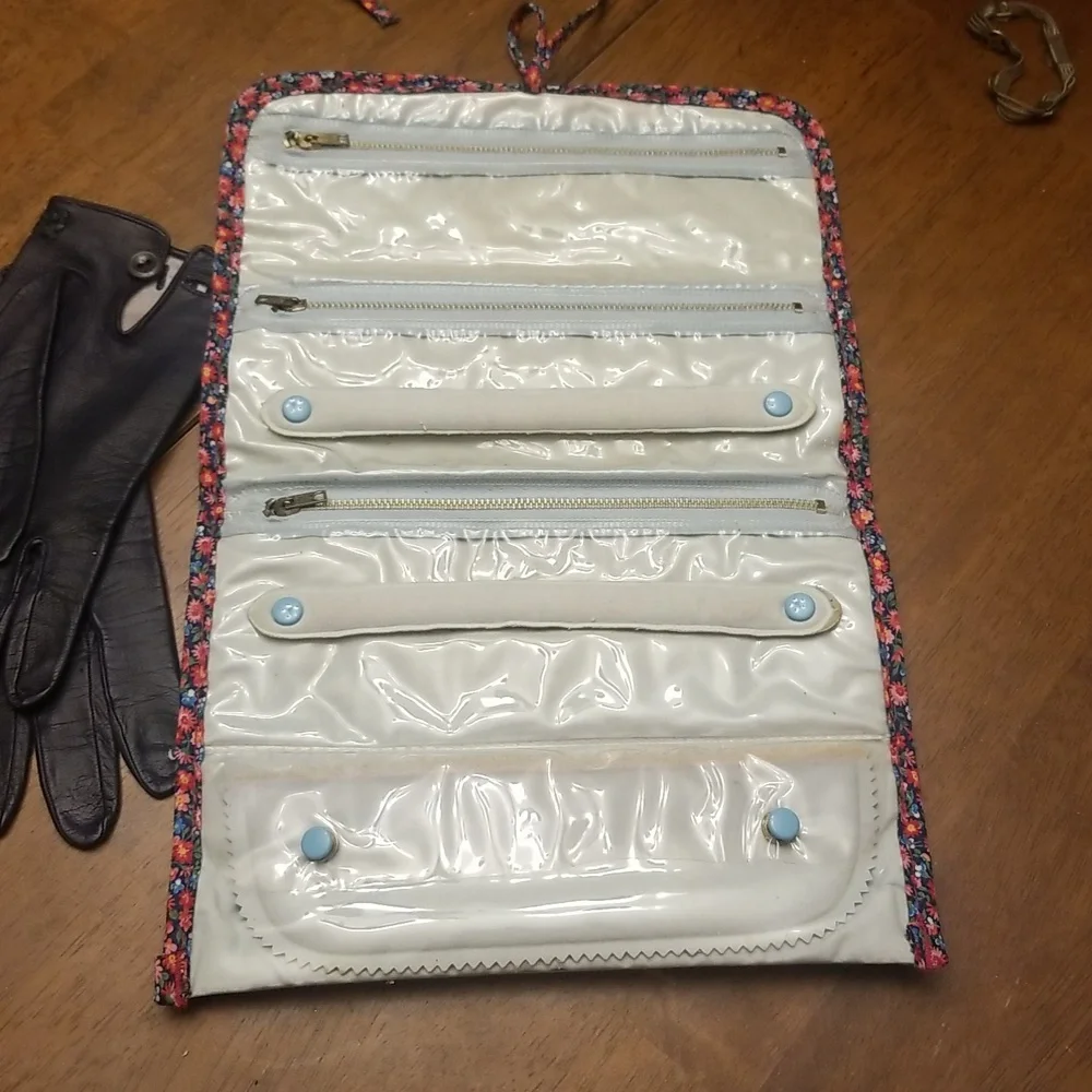 Vintage navy gloves and jewelry roll bag
